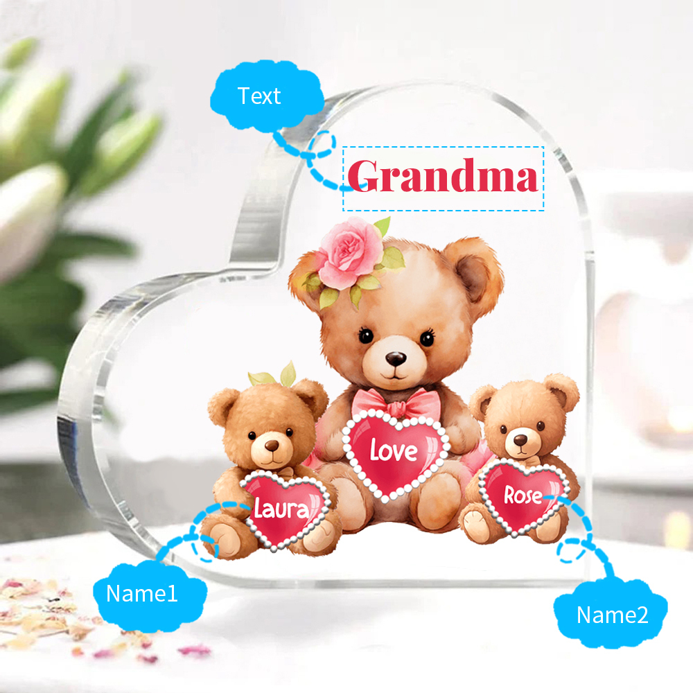 2 Names-Personalized Bear Acrylic Heart Keepsake Custom Text Acrylic Plaque Ornaments Gifts for Grandma