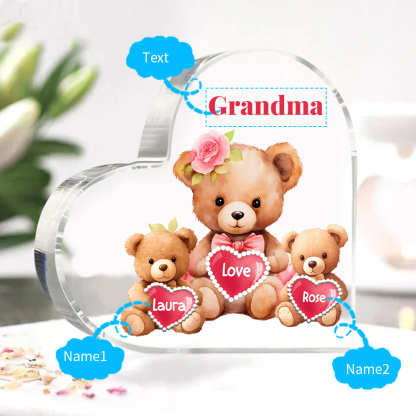 2 Names-Personalized Bear Acrylic Heart Keepsake Custom Text Acrylic Plaque Ornaments Gifts for Grandma