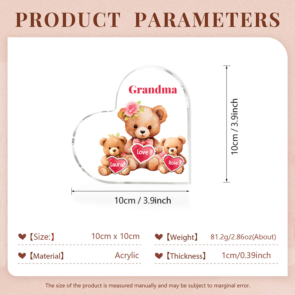 2 Names-Personalized Bear Acrylic Heart Keepsake Custom Text Acrylic Plaque Ornaments Gifts for Grandma