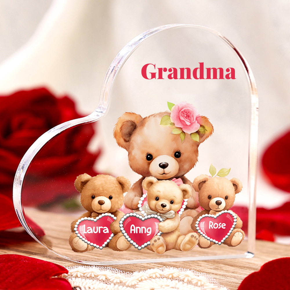 3 Names-Personalized Bear Acrylic Heart Keepsake Custom Text Acrylic Plaque Ornaments Gifts for Grandma