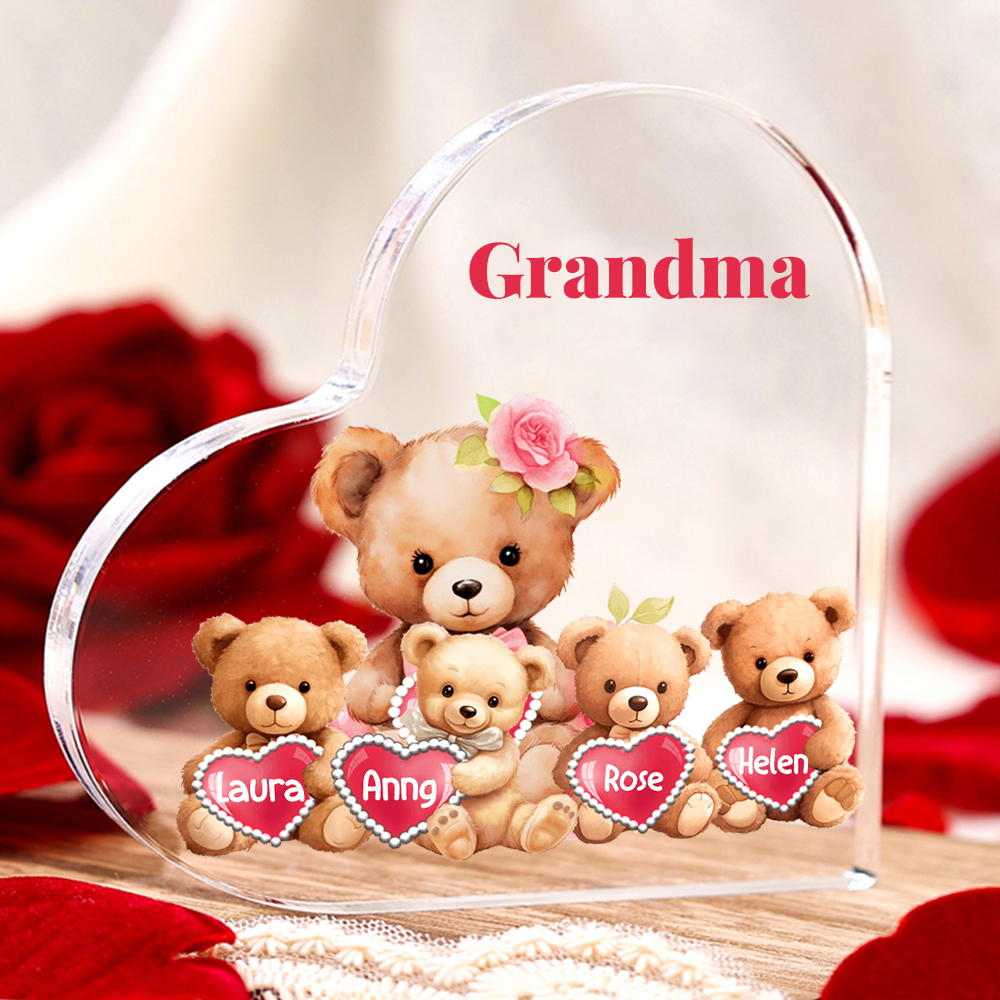 4 Names-Personalized Bear Acrylic Heart Keepsake Custom Text Acrylic Plaque Ornaments Gifts for Grandma