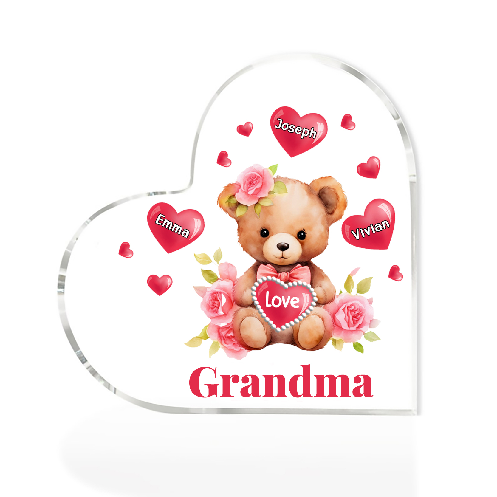 3 Names-Personalized Bear Acrylic Heart Keepsake Custom Text Acrylic Plaque Ornaments Gifts for Grandma