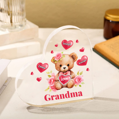 3 Names-Personalized Bear Acrylic Heart Keepsake Custom Text Acrylic Plaque Ornaments Gifts for Grandma