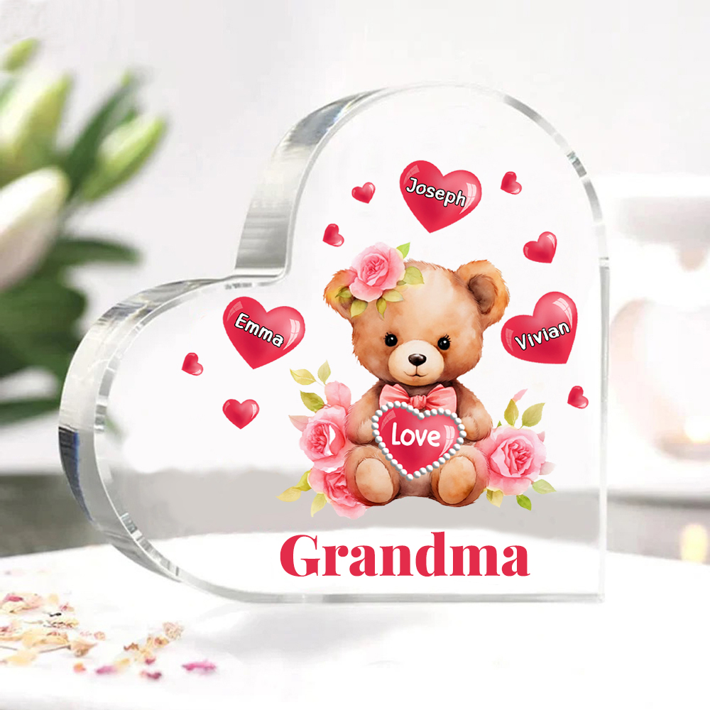 3 Names-Personalized Bear Acrylic Heart Keepsake Custom Text Acrylic Plaque Ornaments Gifts for Grandma