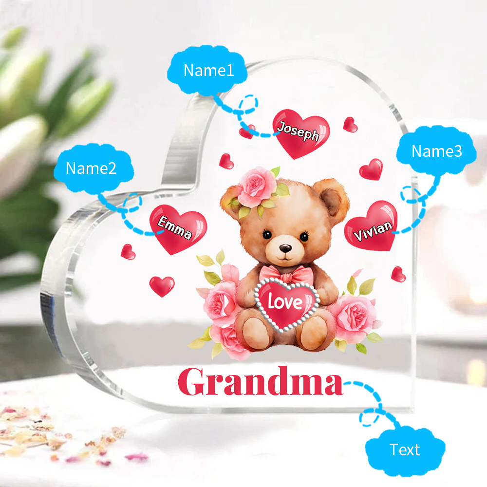 3 Names-Personalized Bear Acrylic Heart Keepsake Custom Text Acrylic Plaque Ornaments Gifts for Grandma