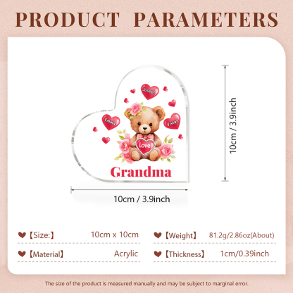 3 Names-Personalized Bear Acrylic Heart Keepsake Custom Text Acrylic Plaque Ornaments Gifts for Grandma