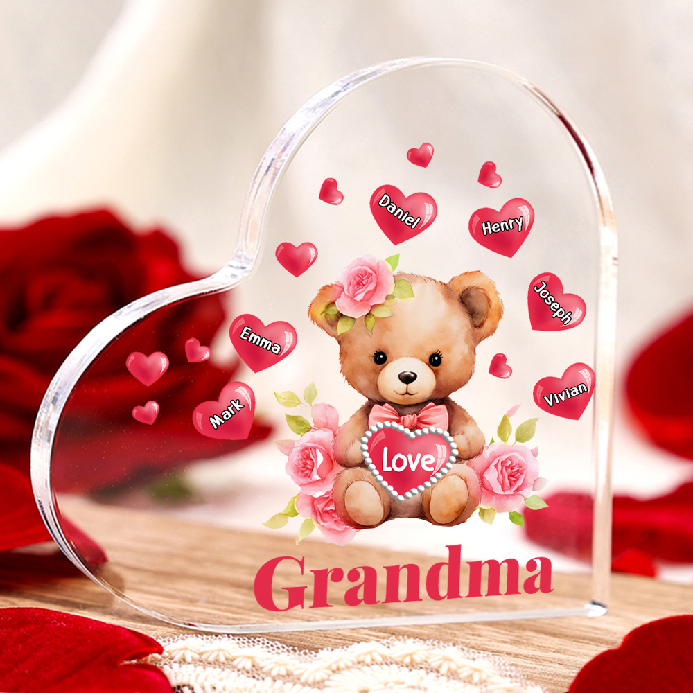 6 Names-Personalized Bear Acrylic Heart Keepsake Custom Text Acrylic Plaque Ornaments Gifts for Grandma