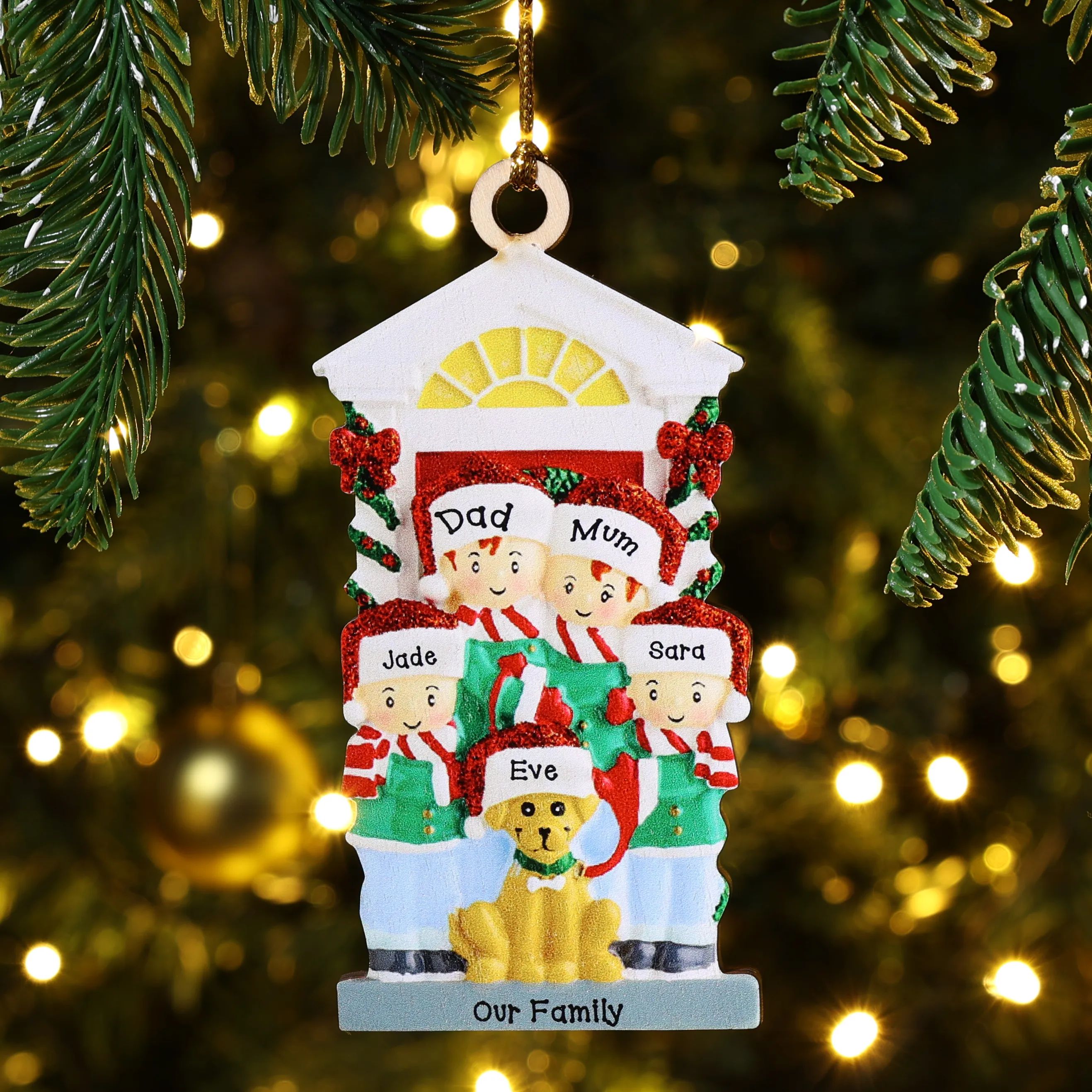 3 Names+Dog Name-Personalized Family Christmas Xmas Tree Decoration Hanging Wooden Ornament with Name-Family with Dog