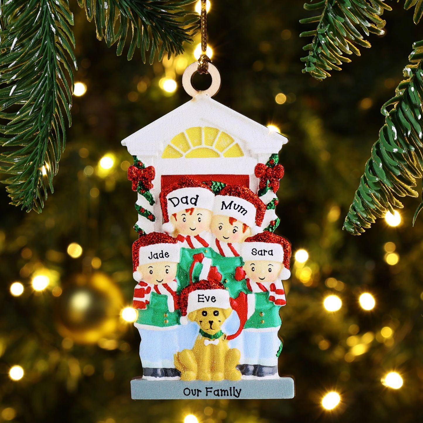 3 Names+Dog Name-Personalized Family Christmas Xmas Tree Decoration Hanging Wooden Ornament with Name-Family with Dog