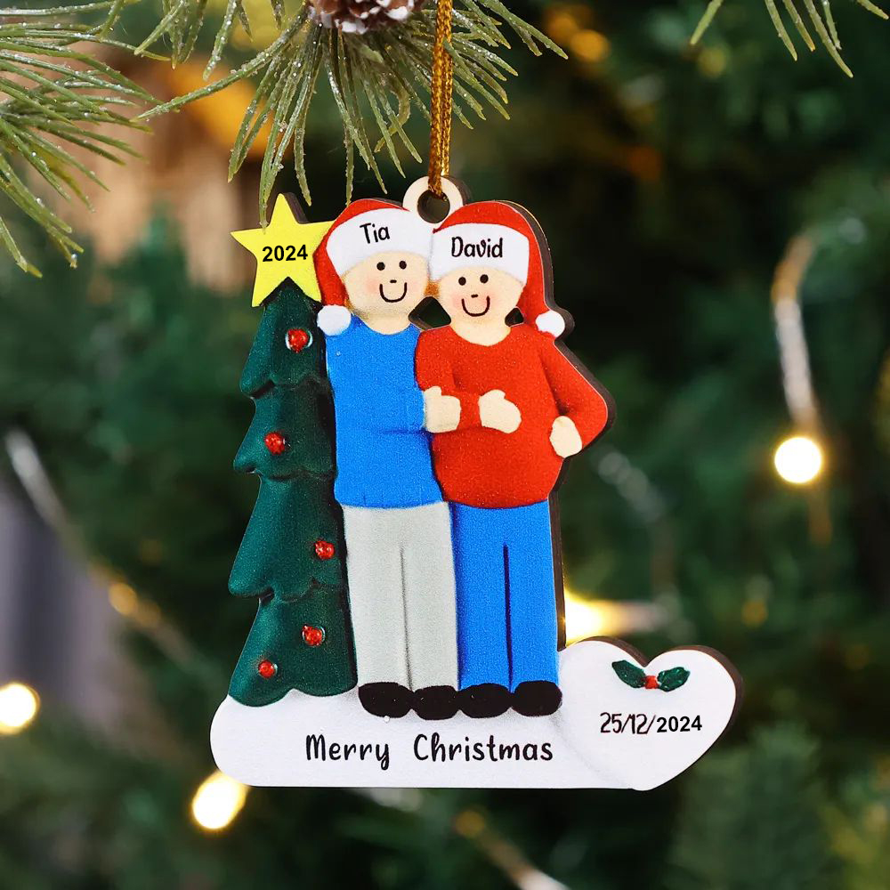 2 Names-Personalized Family Wooden Christmas Xmas Tree Decoration Ornament-Custom 2 Names And Dates Hanging Ornament Gifts For Family
