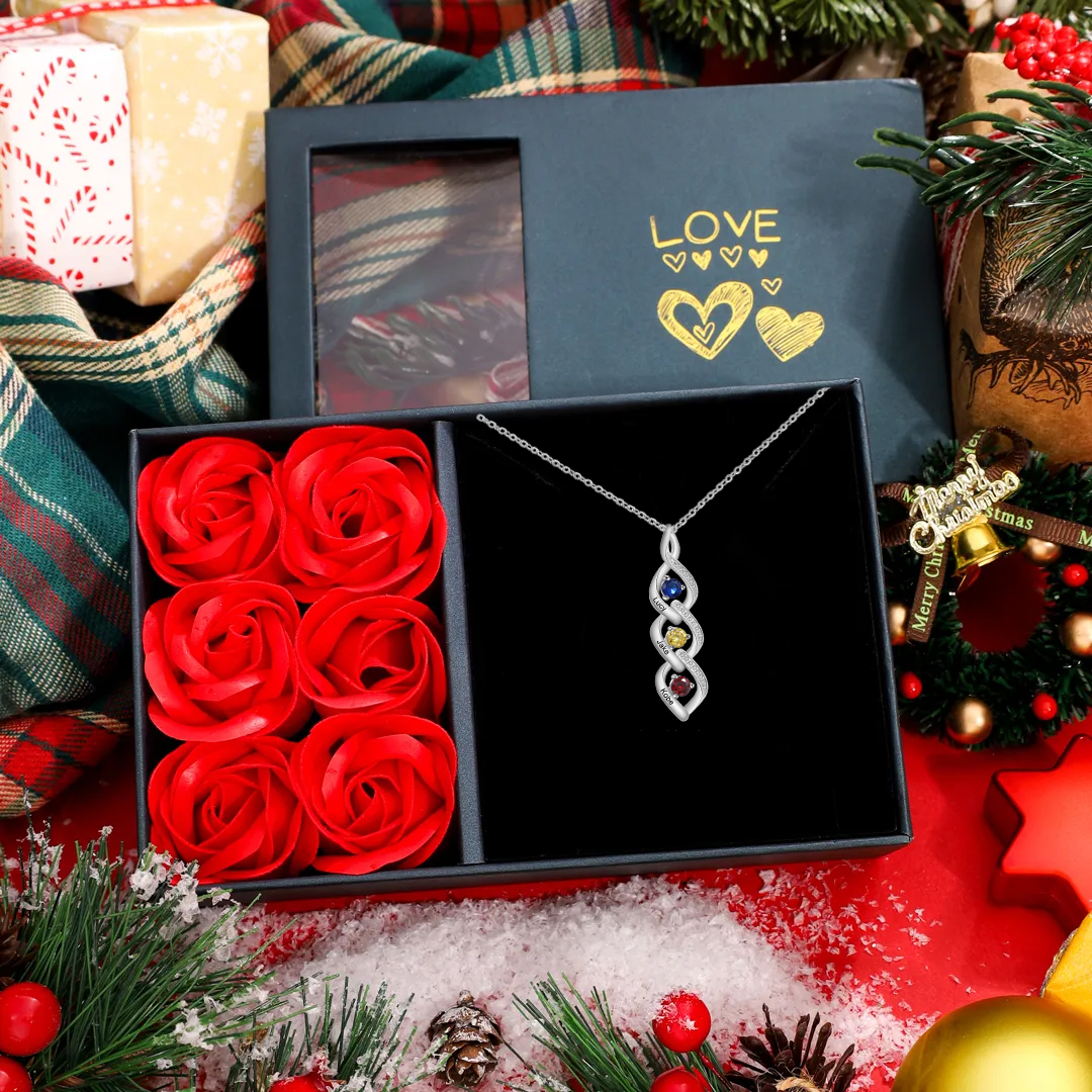 Personalized Hearts Necklace Custom 3 Names & 3 Birthstones Necklace Gifts for Her | Jessemade