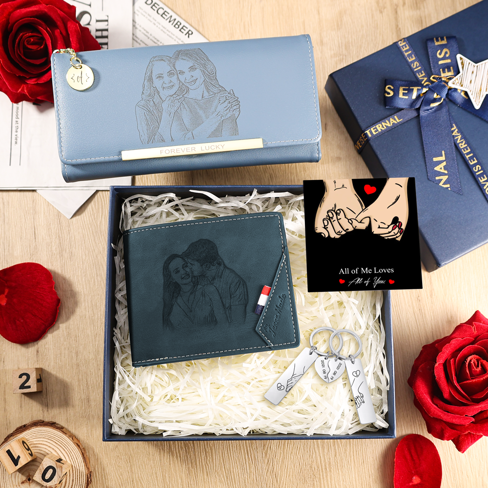 Personalized Wallet & Keychain Set – Customized Photo & Name Engravings - Unique Couple Gift | Jessemade