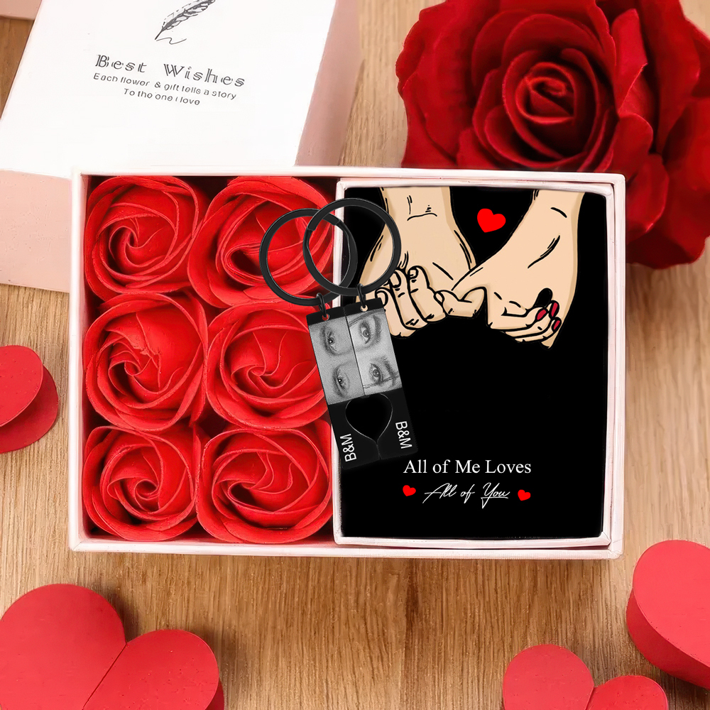 Personalized Eye Photo Heart Puzzle Keychain with 2 Photos and Initials Includes Gift Card and Luxury Gift Box for Couples Valentine's Day Gift Set