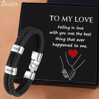 Personalized Men's Bracelet with Custom 2 Names Braided Leather Bracelet Set with Gift Box Valentine’s Day Gift for Him | Jessemade