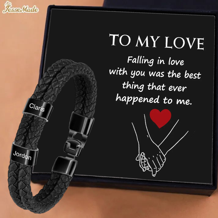 Personalized Men's Bracelet with Custom 2 Names Braided Leather Bracelet Set with Gift Box Valentine’s Day Gift for Him | Jessemade