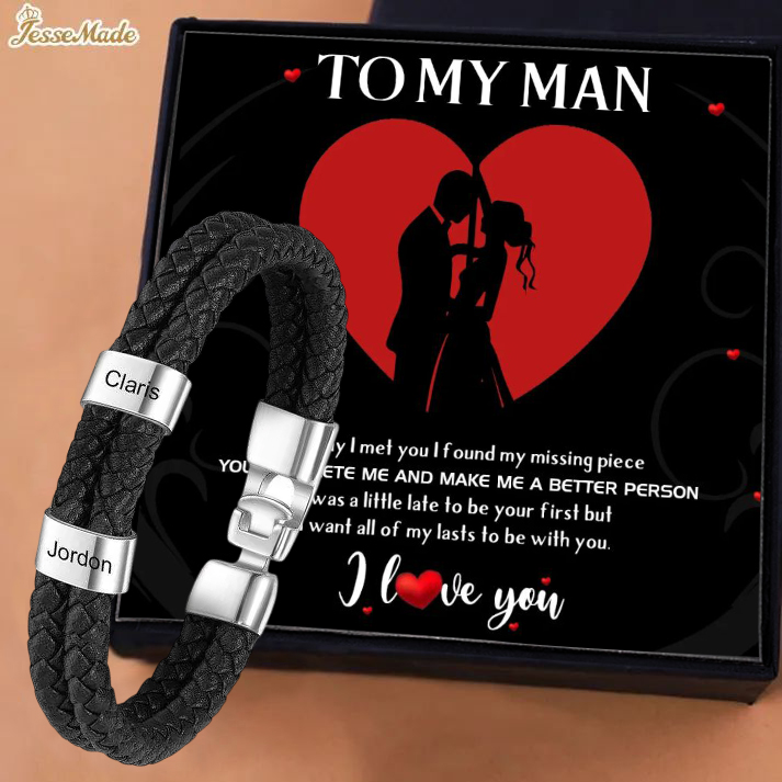 To My Man-Personalized Men's Bracelet with Custom 2 Names Braided Leather Bracelet with Gift Box Valentine’s Day Gift for Him | Jessemade