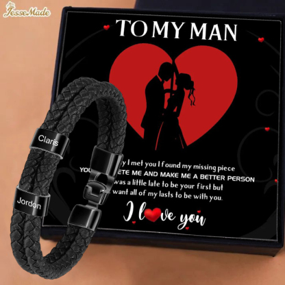 To My Man-Personalized Men's Bracelet with Custom 2 Names Braided Leather Bracelet with Gift Box Valentine’s Day Gift for Him | Jessemade