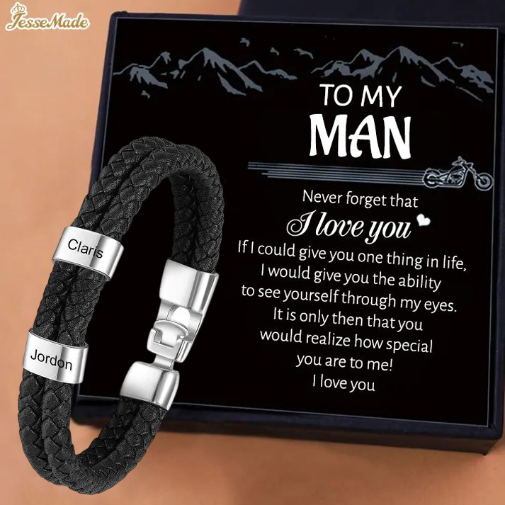 To My Personalized Men's Bracelet with Custom 2 Names Braided Leather 