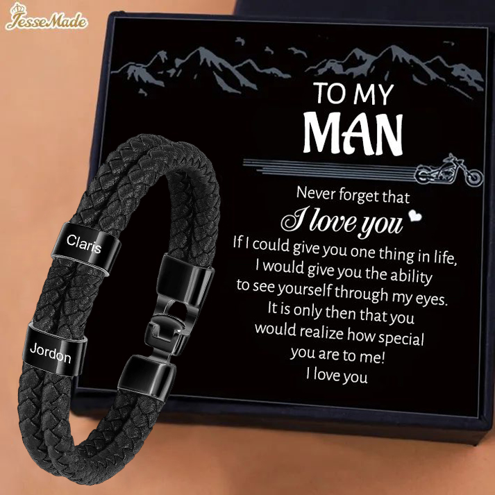 To My Man-Personalized Men's Bracelet with Custom 2 Names Braided Leather Bracelet Valentine’s Day Gift for Him | Jessemade