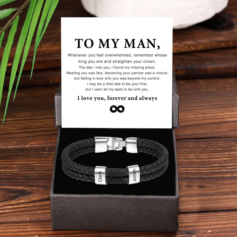 Personalized Men's Bracelet with Custom 2 Names Braided Leather Bracelet Set with Gift Box Valentine’s Day Gift for Him | Jessemade