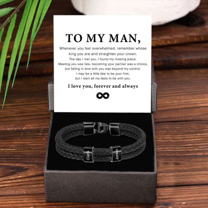 Personalized Men's Bracelet with Custom 2 Names Braided Leather Bracelet Set with Gift Box Valentine’s Day Gift for Him | Jessemade