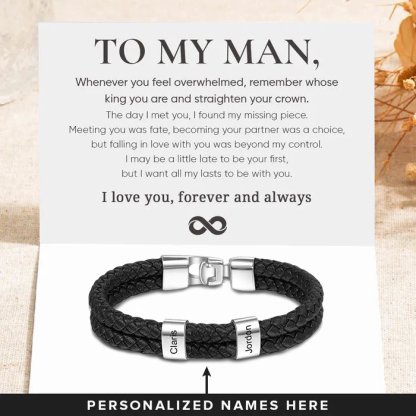 Personalized Men's Bracelet with Custom 2 Names Braided Leather Bracelet Set with Gift Box Valentine’s Day Gift for Him | Jessemade