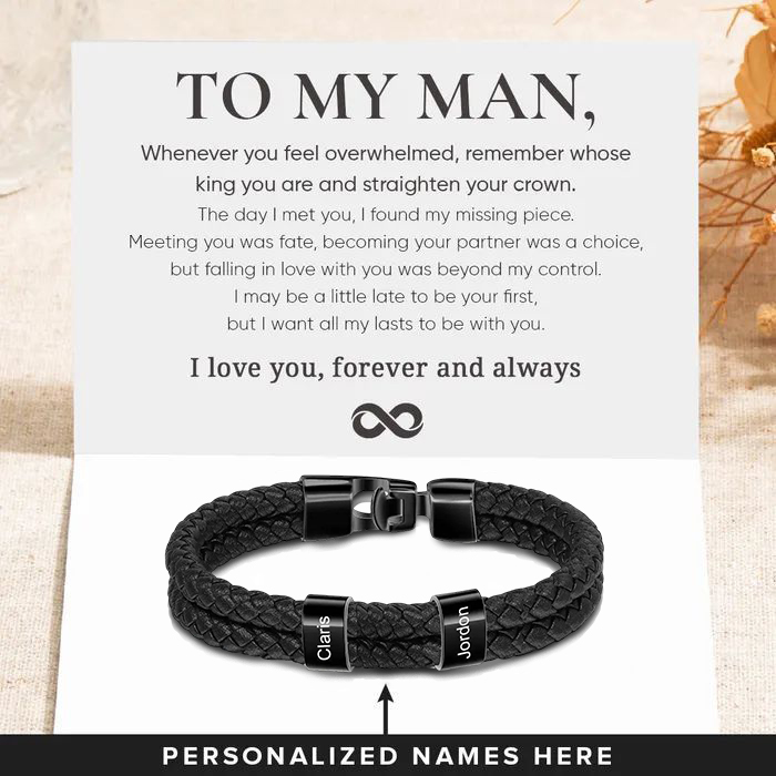 Personalized Men's Bracelet with Custom 2 Names Braided Leather Bracelet Set with Gift Box Valentine’s Day Gift for Him | Jessemade