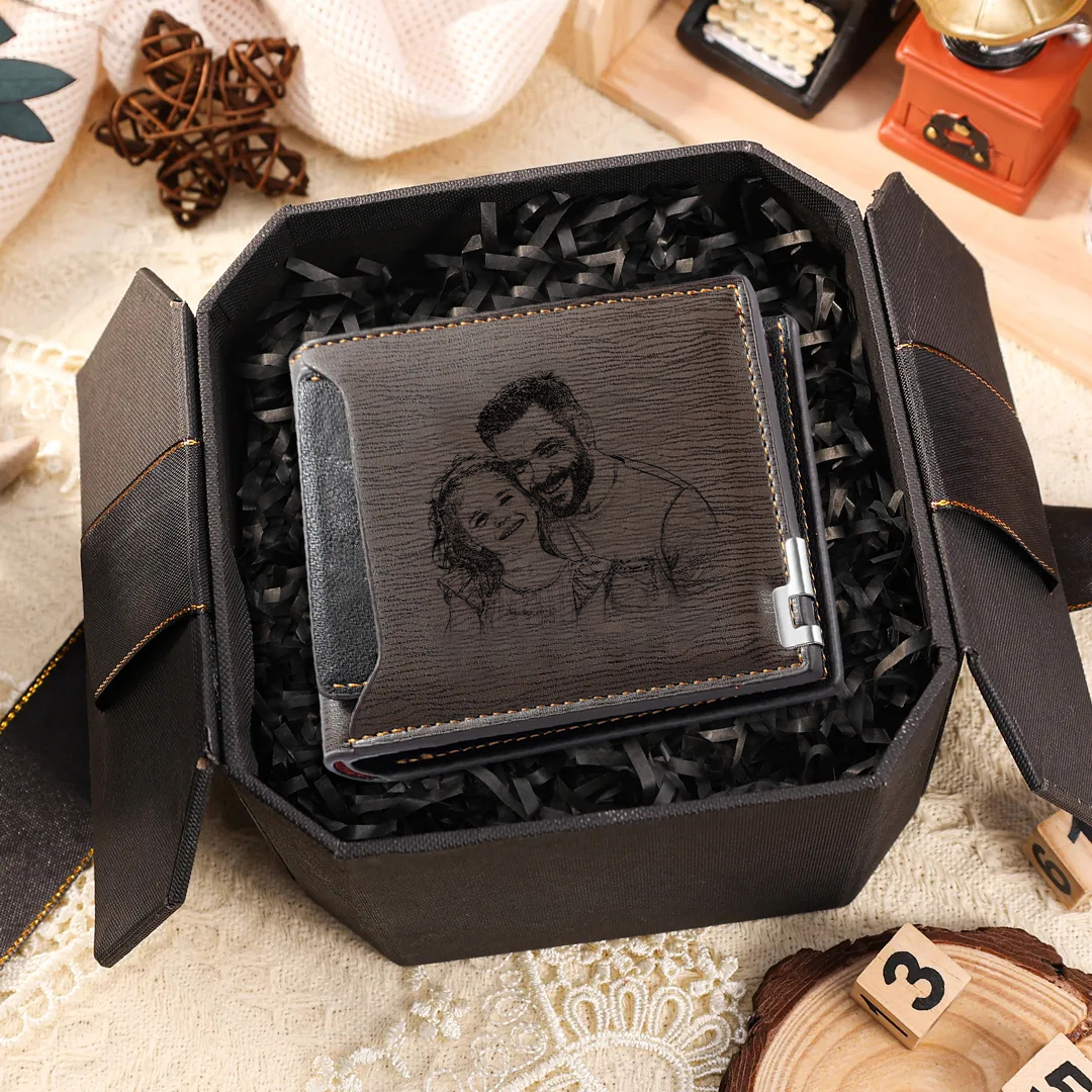 Personalized Photo Leather Men's Wallet With Card Slot Engraved Text With Gift Box For Him