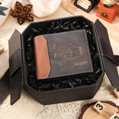 2-9 Names-Personalized Leather Men Wallet Engraved Fist Bump Folding Wallet Gift For Dad