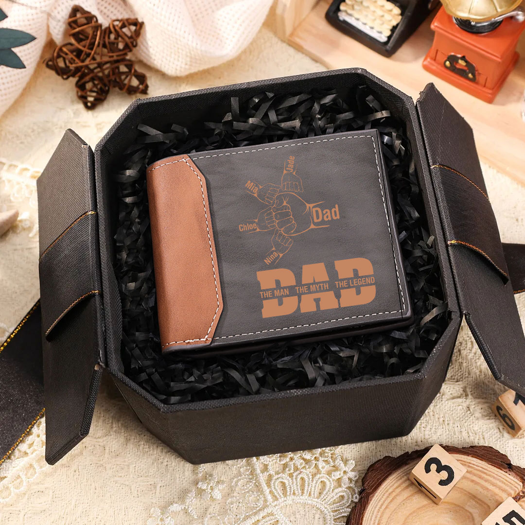 2-9 Names-Personalized Leather Men Wallet Engraved Fist Bump Folding Wallet Gift For Dad