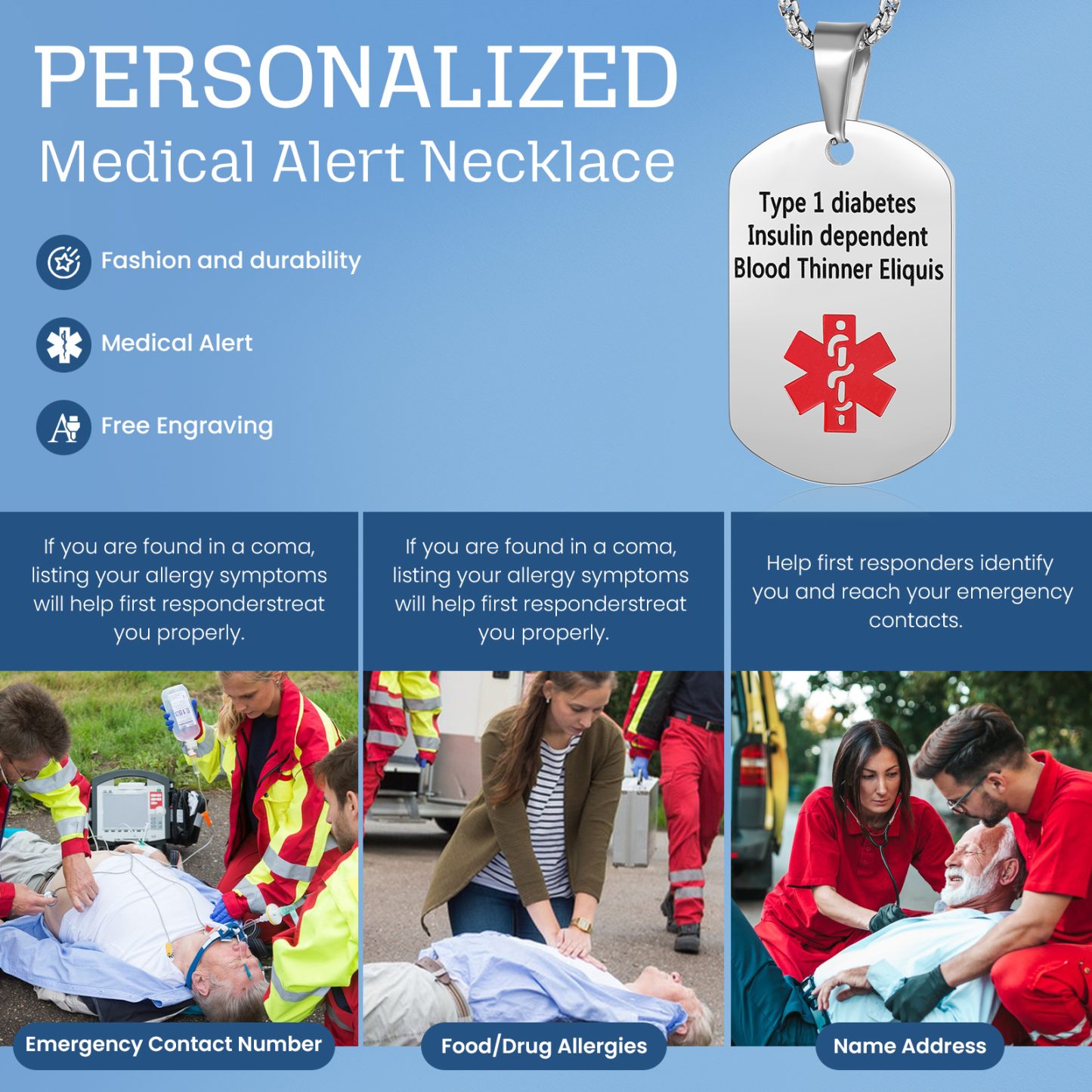 Personalised Medical Alert Necklace with Custom Engraving and Emergency Info Gift for Family | Jessemade