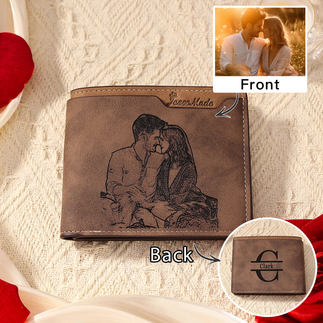 Personalized Leather Wallet Engraved Photo Short Purse Custom Folding Wallet Gifts For Him