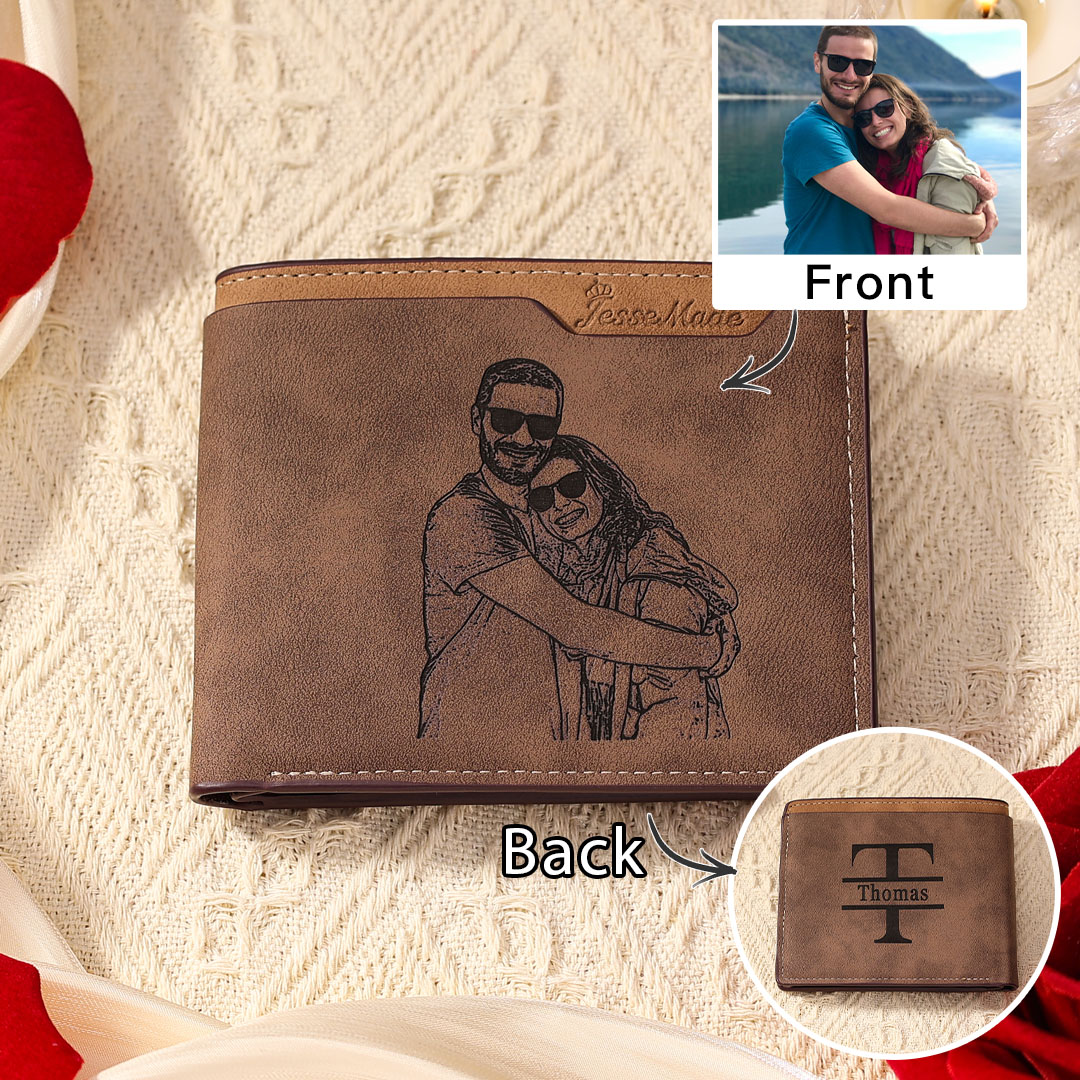 Personalized Leather Wallet Engraved Photo Short Purse Custom Folding Wallet Gifts For Him