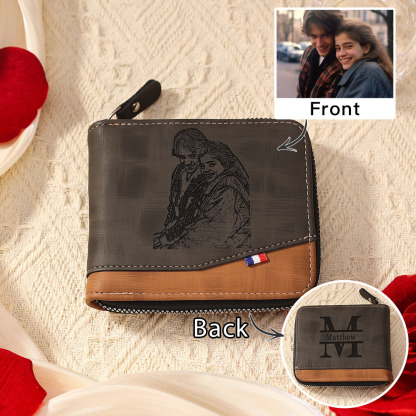 Personalized Name Leather Men's Zipper Wallet With Card Slot Engraved Letter And Photo Gift For Grandpa/Dad | Jessemade