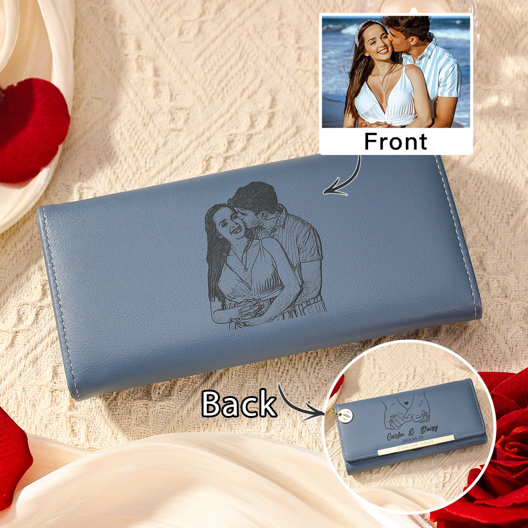 Personalized Women’s Wallet – Custom Names, Photo, Date, Initial Charm & “Forever Lucky” Engraving – Valentine’s Day Gift for Her | Jessemade