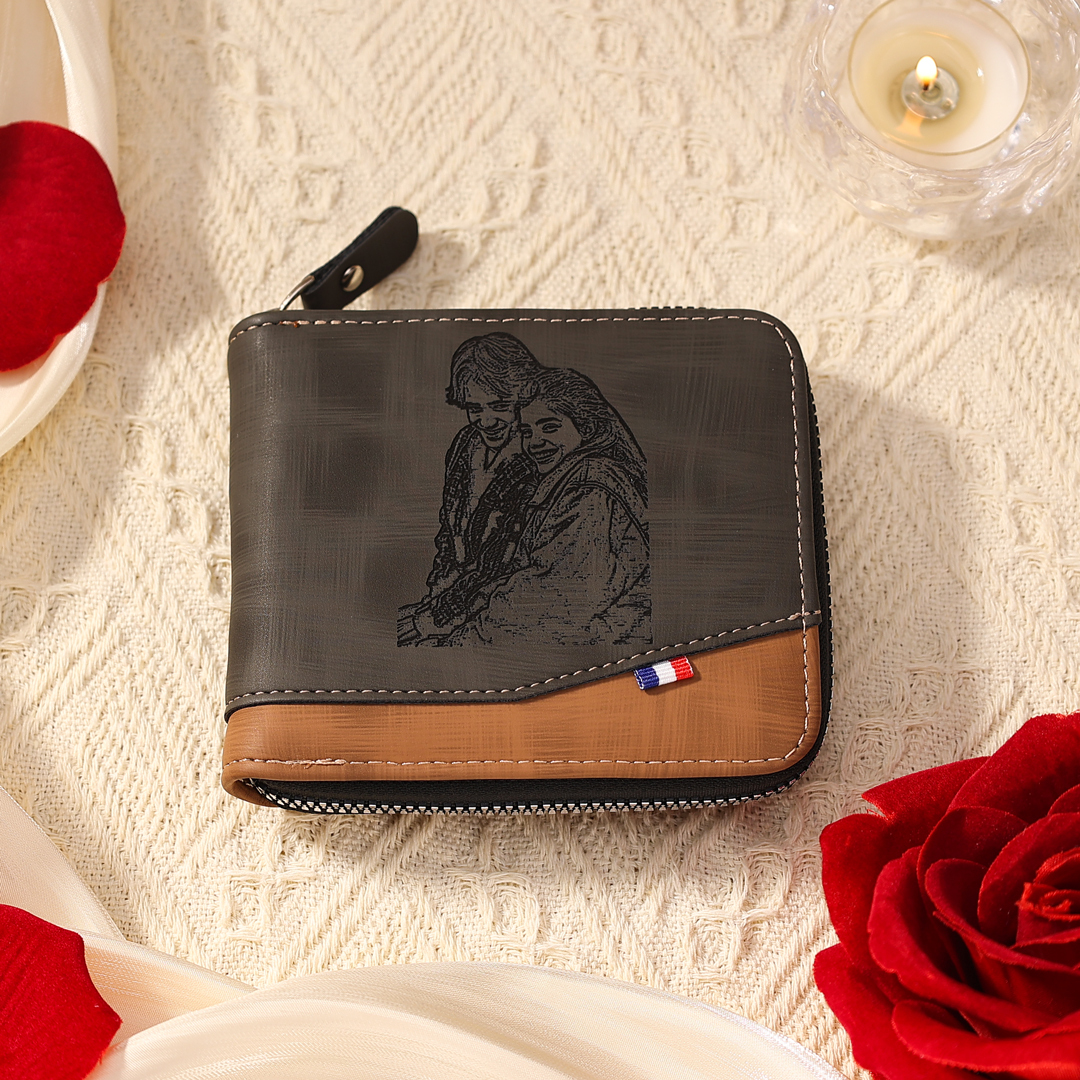 Personalized Name Leather Men's Zipper Wallet With Card Slot Engraved Letter And Photo Gift For Grandpa/Dad | Jessemade