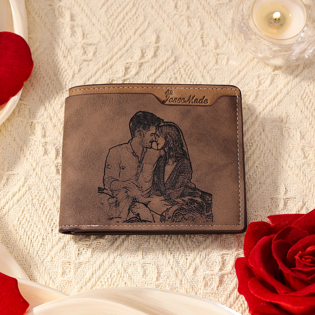 Personalized Leather Wallet Engraved Photo Short Purse Custom Folding Wallet Gifts For Him