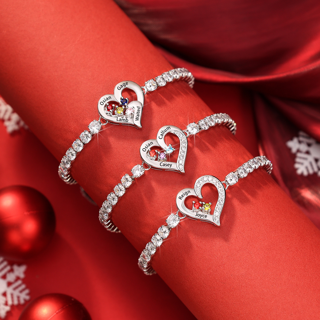 Personalized Heart Bracelet with 2-4 Names & CZ Birthstones – Custom Rhodium Plated Gift for Her | Jessemade