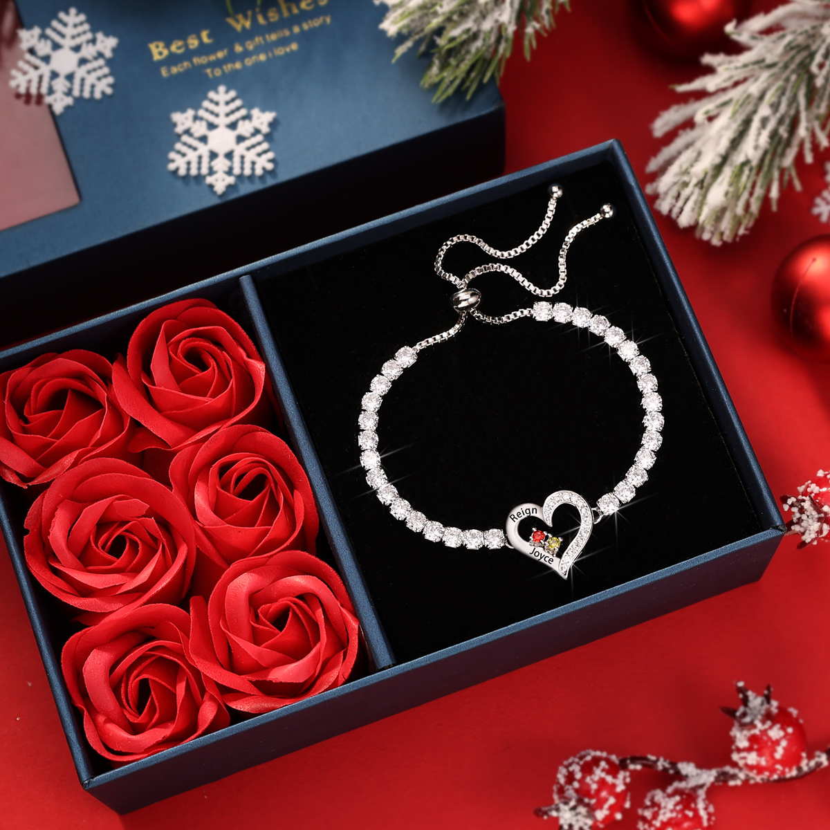 Personalized Heart Bracelet with 2-4 Names & CZ Birthstones – Custom Rhodium Plated Gift for Her | Jessemade