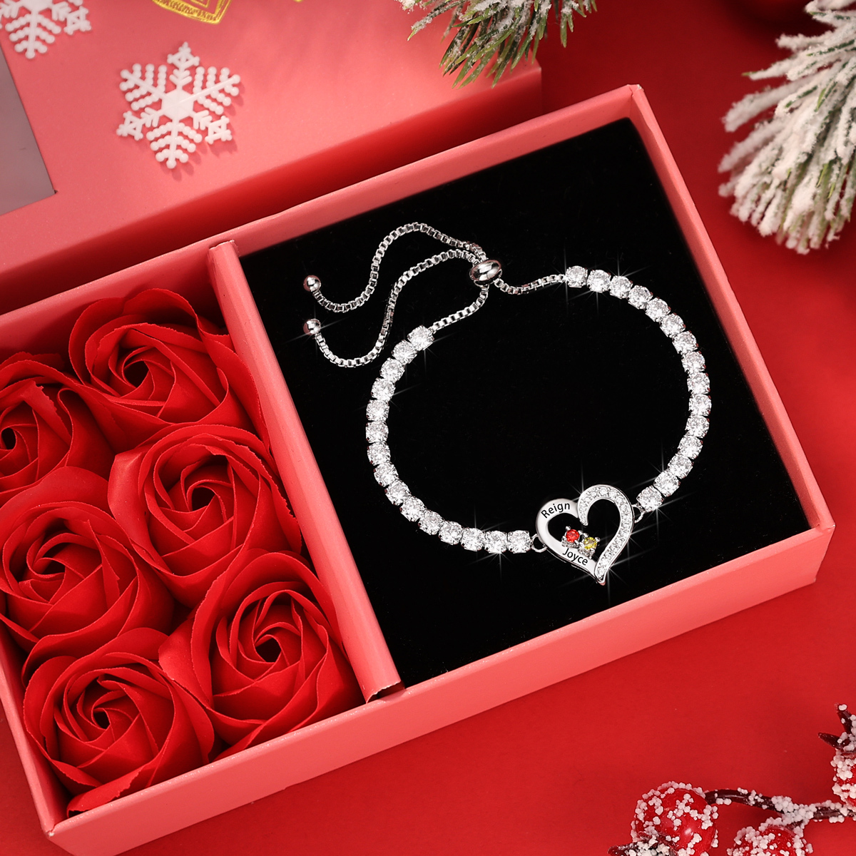 Personalized Heart Bracelet with 2-4 Names & CZ Birthstones – Custom Rhodium Plated Gift for Her | Jessemade