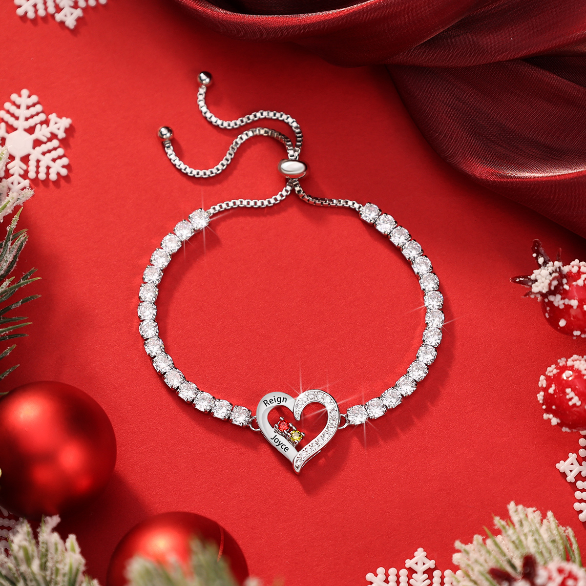 Personalized Heart Bracelet with 2-4 Names & CZ Birthstones – Custom Rhodium Plated Gift for Her | Jessemade