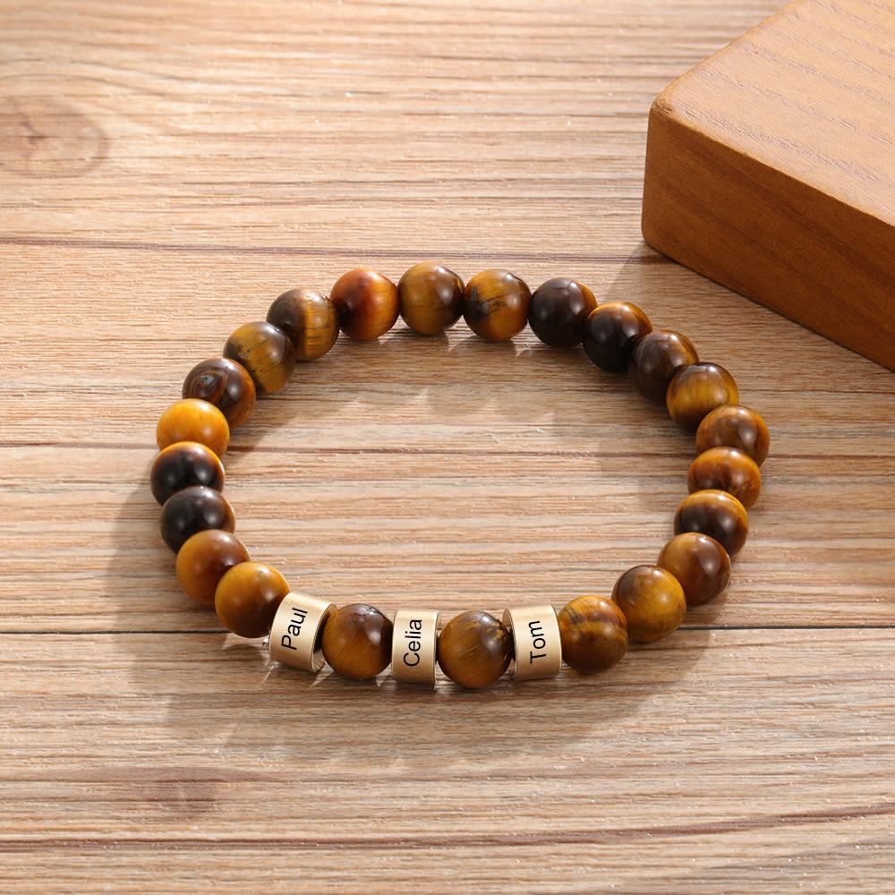 Personalized 4 names Brown Tiger Eye Men's Bracelet Gift For Him