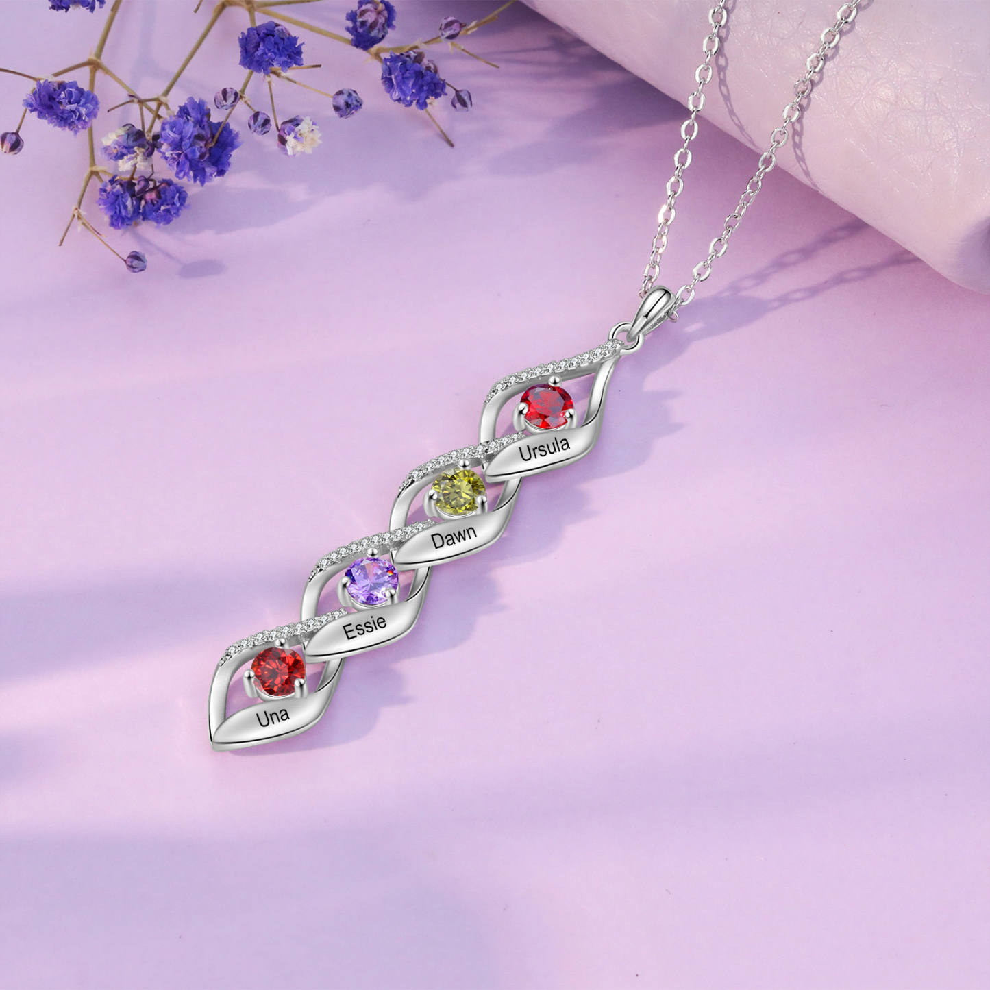 4 Names - Personalized Necklace Custom Birthstone Necklace Engraved with Name A special Gift For Mom/Grandma