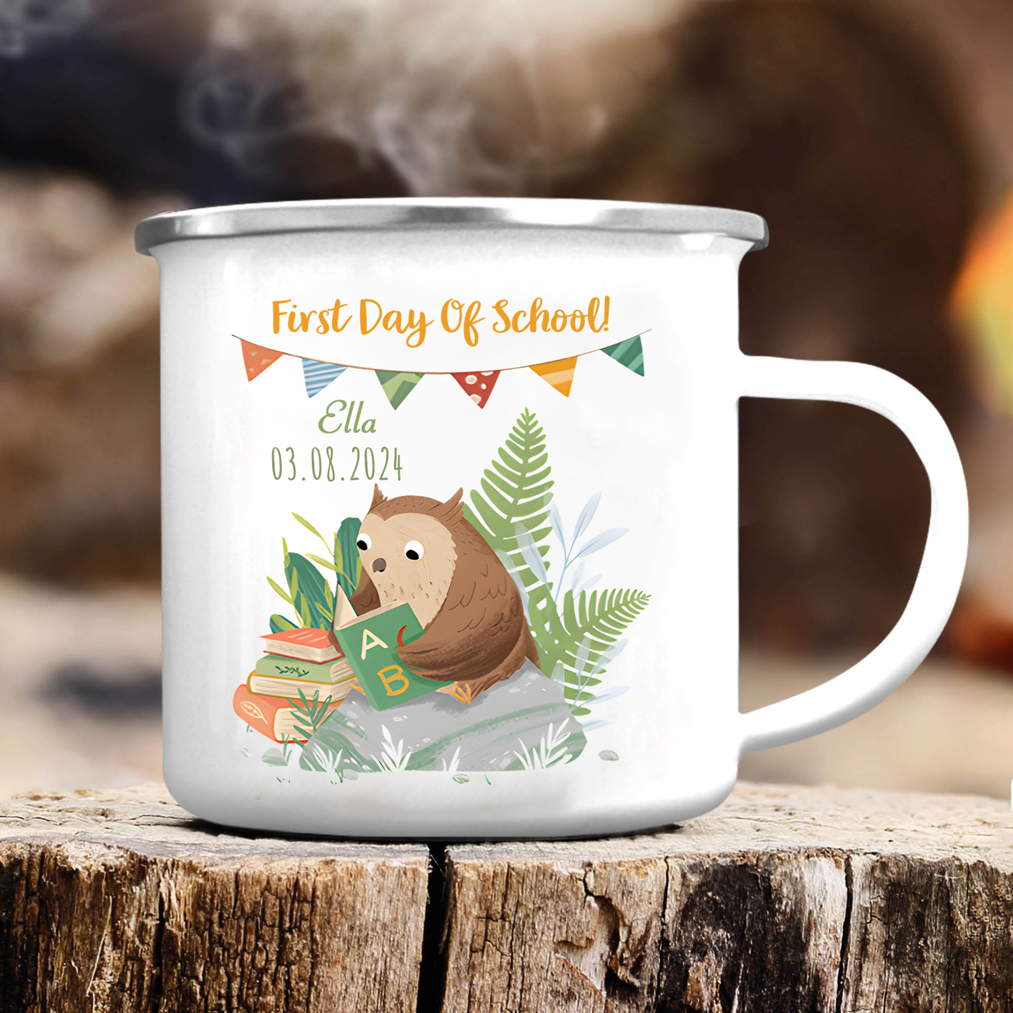 Personalized Name And Date Enamel Mug Children'S Owl Pattern Back To School Gift For Kid