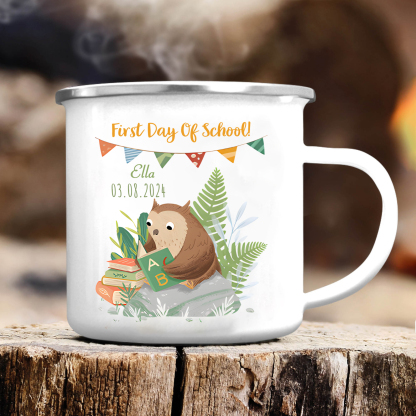Personalized Name And Date Enamel Mug Children'S Owl Pattern Back To School Gift For Kid