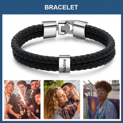 1 Name-Personalized Braided Leather Bracelet Set With Gift Box-Custom Men's Bracelet Engraved 1 Name for Him