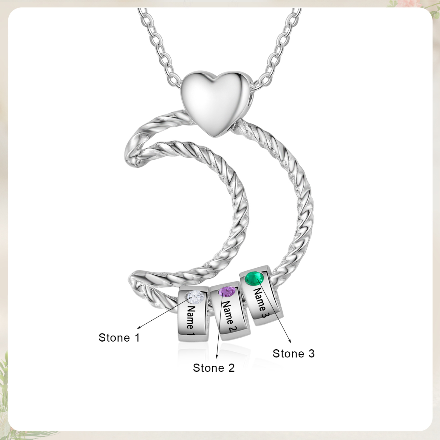 3 Names - Personalized Moon Pendant Necklace Custom Birthstones & Names Necklace Gift for Her | Jessemade