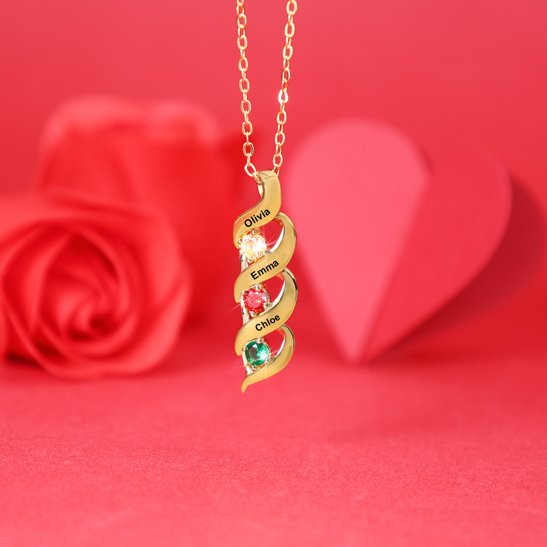 3 Names-Customized Necklace Cascading Pendant with 3 Birthstones Engraving 3 Names Gifts for Her