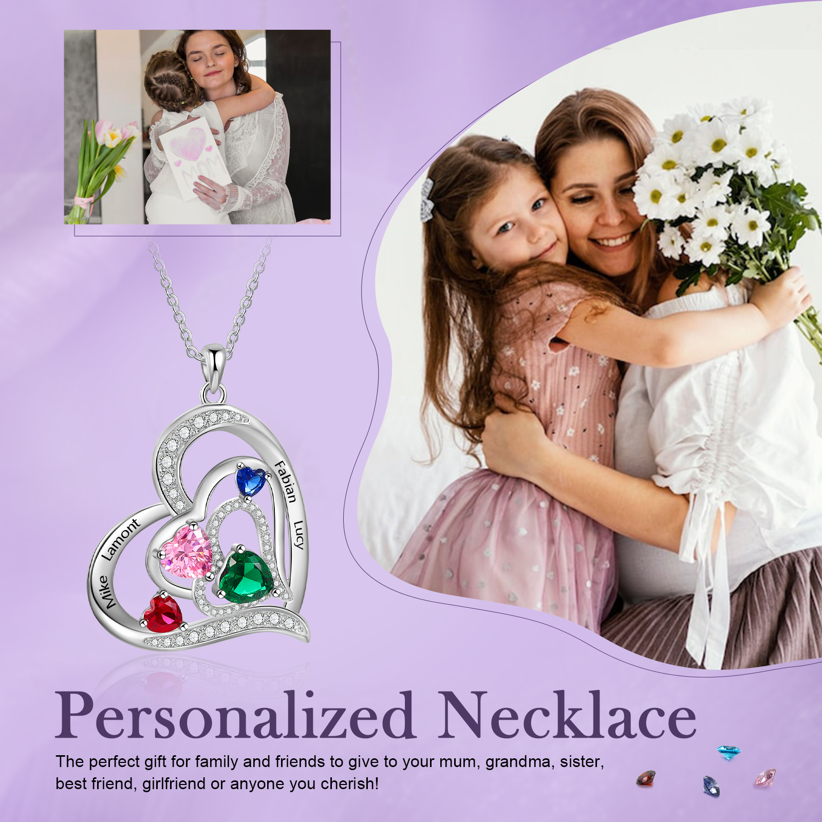 4 Names - Personalized Heart Necklace with Customized Names and Birthstone Gift for Her