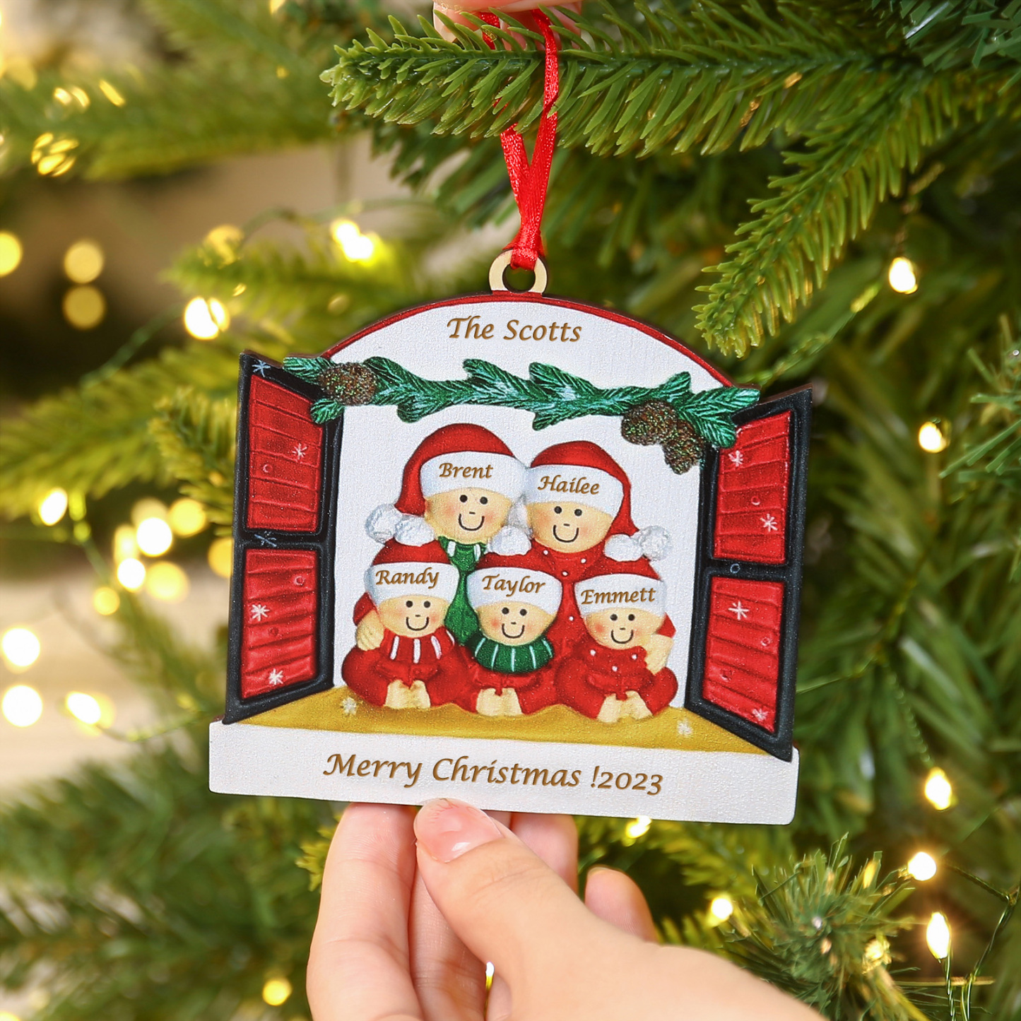 5 Names-Personalized Family Wooden Christmas Xmas Tree Decoration Ornament-Custom 5 Names Hanging Ornament Gifts For Family